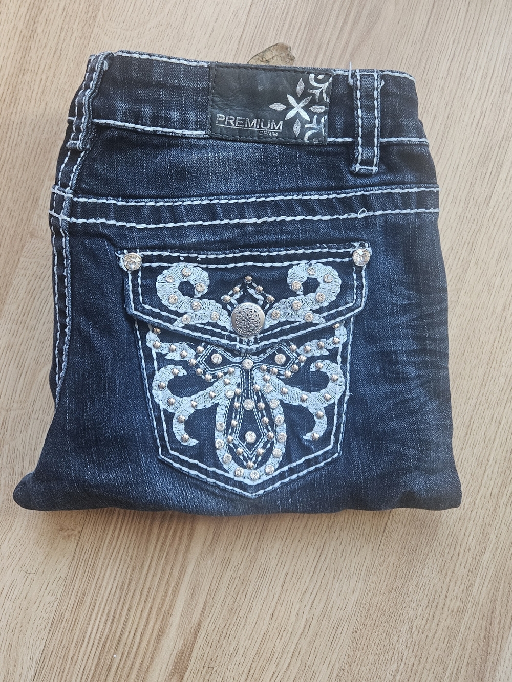 Premium Dark Blue Embroidered Skinny Jeans with Rhinestone Pocket